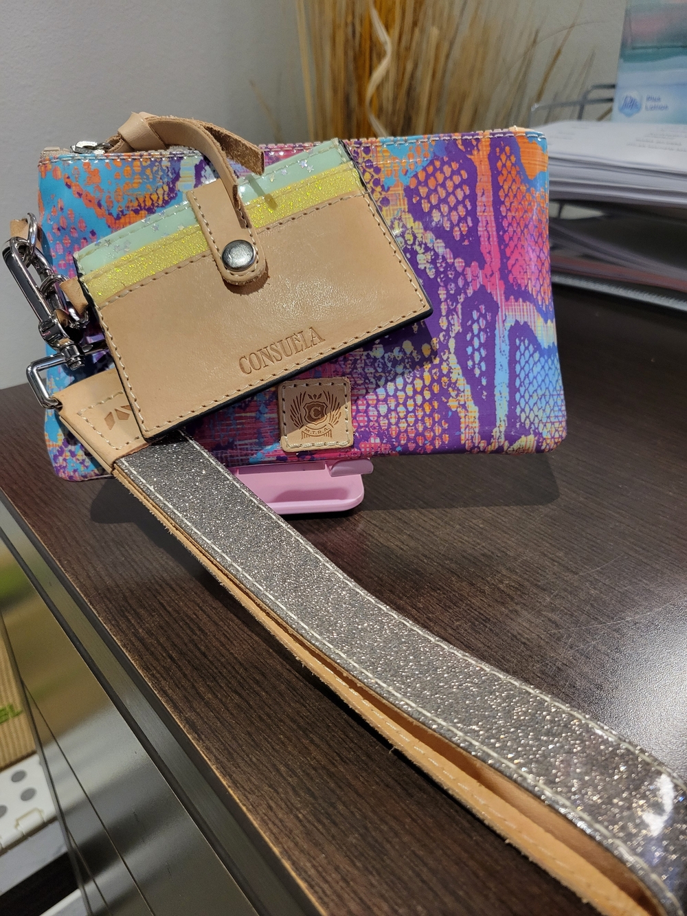 Consuela Multicolor Snake-Print Wristlet with Tan Leather Card Slot